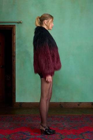 Black to Burgundy Gradient Two-tone Short Faux Fur Coat by Charlotte Muse