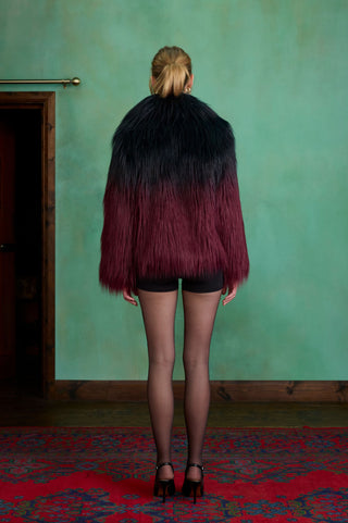 Black to Burgundy Gradient Two-tone Short Faux Fur Coat by Charlotte Muse