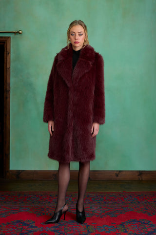 Burgundy Maxi Faux Fur Coat by Charlotte Muse