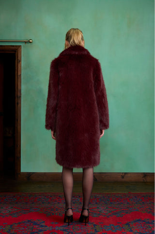 Burgundy Maxi Faux Fur Coat by Charlotte Muse